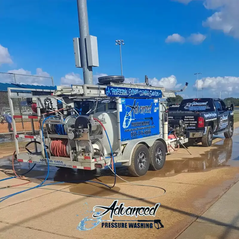 A truck hauling pressure washing equipment behind it