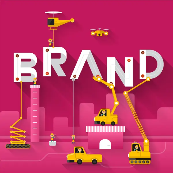 A graphics image depicting various construction and airborne vehicles setting up the word "BRAND."