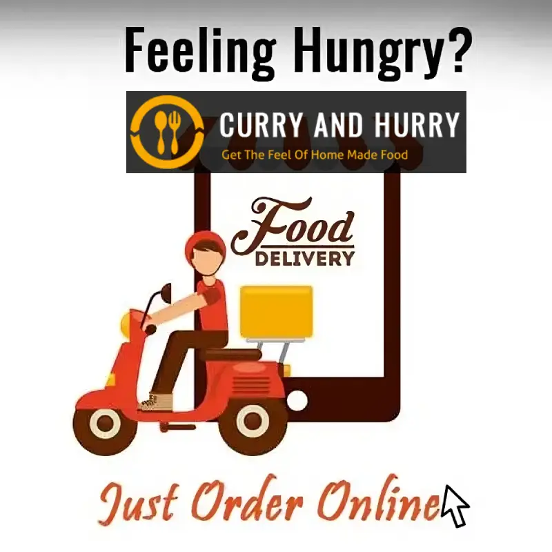 A banner for Curry and Hurry that reads "Feeling Hungry?", "Food Delivery," and "Just Order Online"
