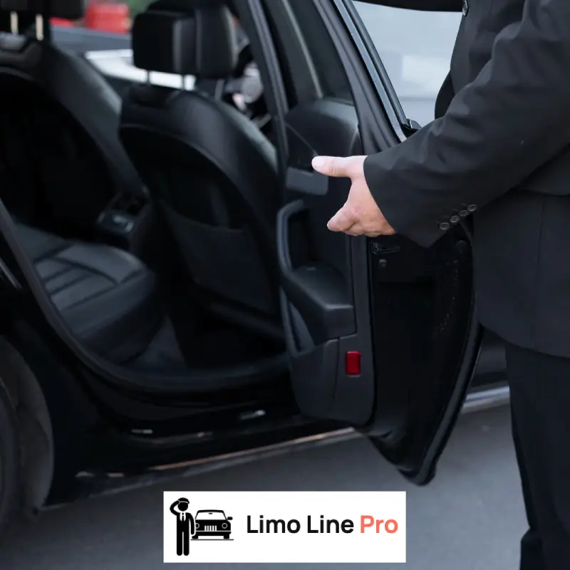 A person's hand pointing to the inside of a car with the backseat door open