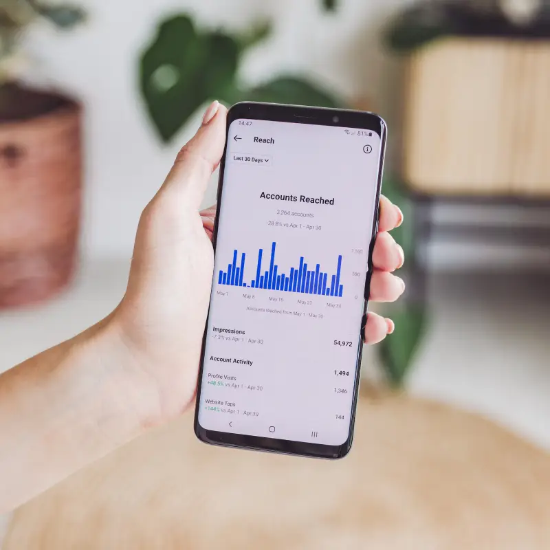 A hand holding an Android phone with an Instagram dashboard displaying a bar chart of Accounts reached