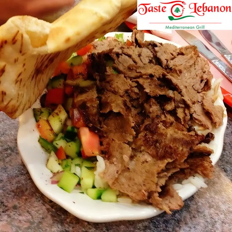 A plate of Turkish Doner kebab with salad and flatbread