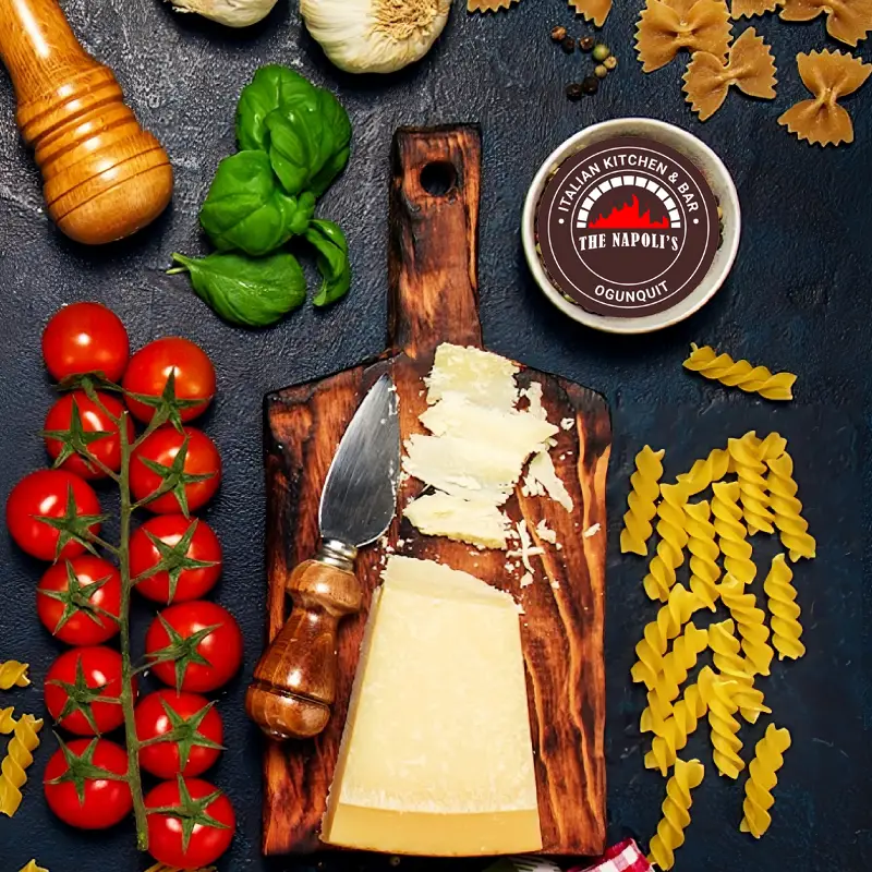 Cheese, different types of pasta, basil leaves, cherry tomatoes