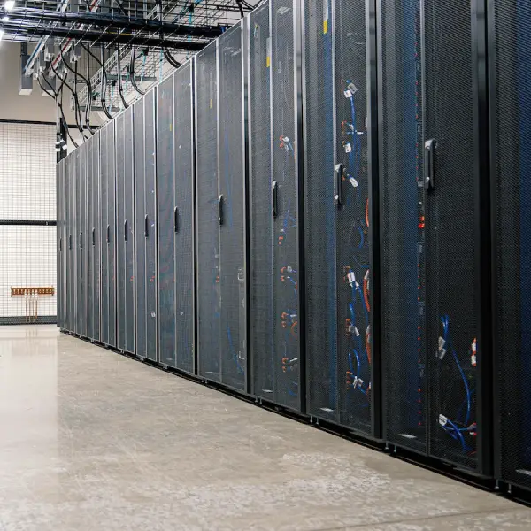 A row of servers and racks in a data center