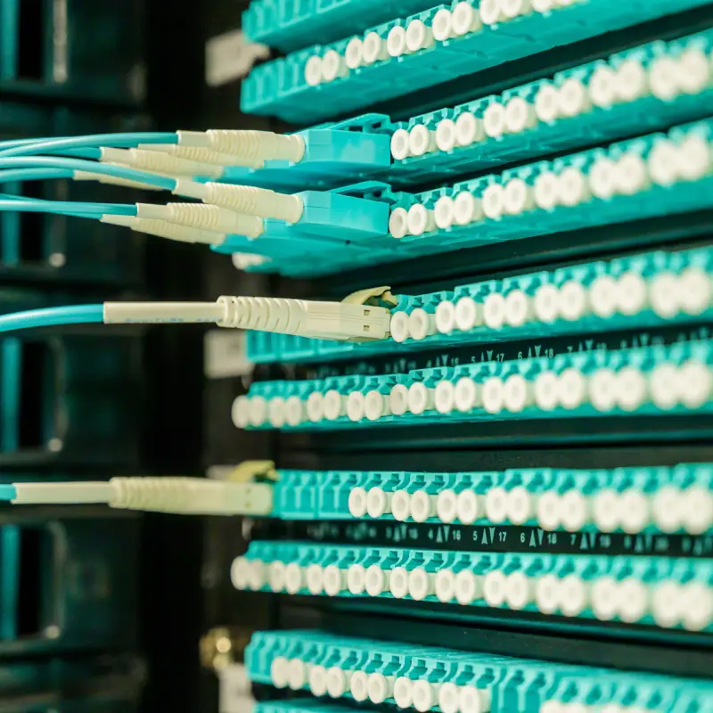 Optic fiber cables plugged into a optical fiber server rack representing fast web hosting.