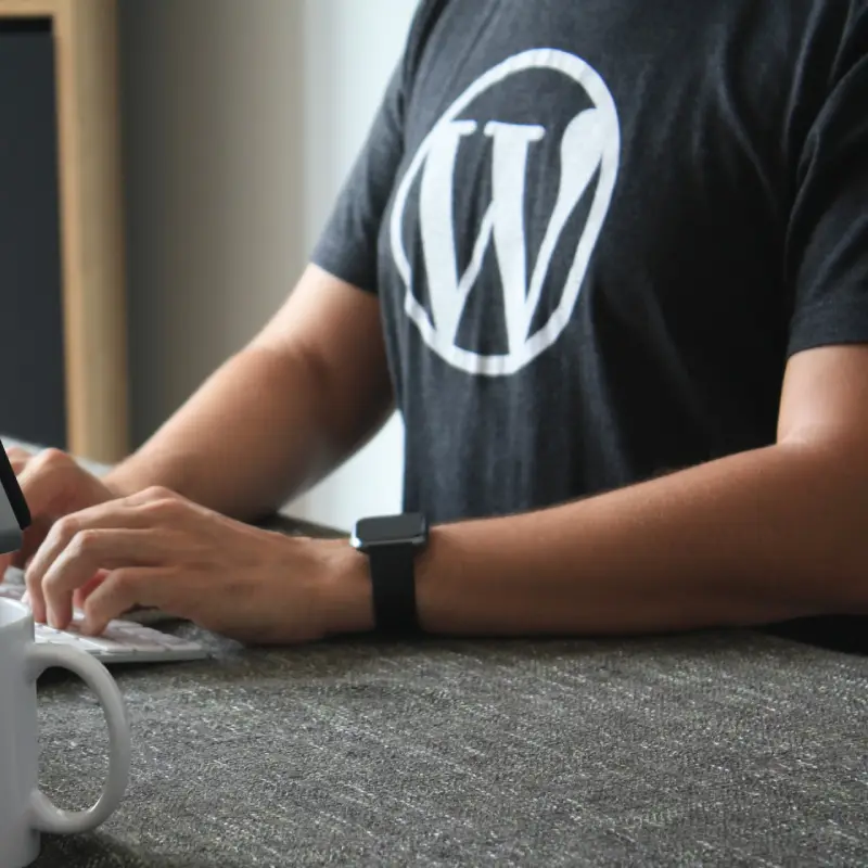 A body of a person wearing a smartwatch on their left hand and a black t-shirt with a white WordPress logo on it working on WordPress website design.