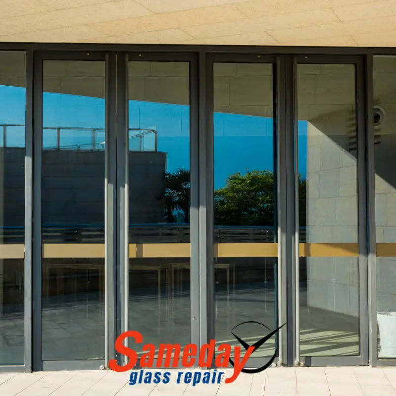 A banner for Sameday Glass Repair with glass doors entryway