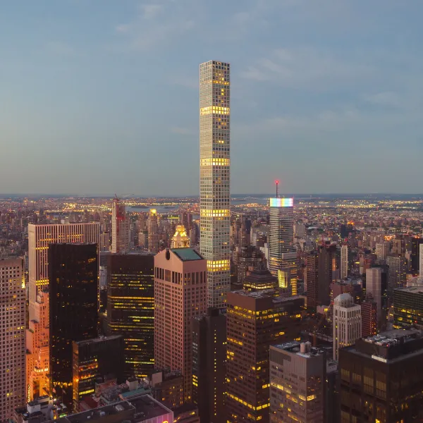 Lit up New York skyline in the the evening in the Tri-State Area