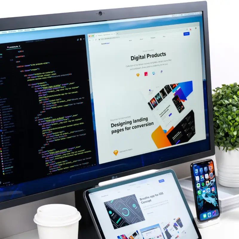 A coffee cup, a tablet, an iPhone, and a computer monitor on the table representing web designing.